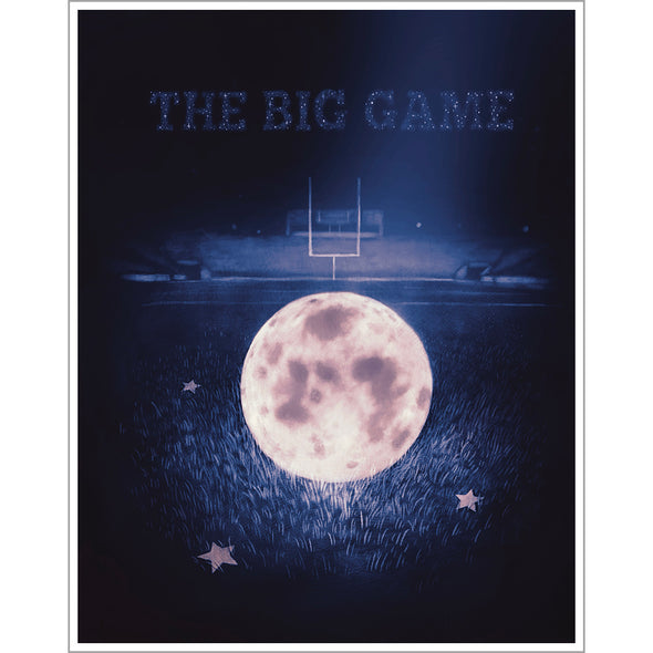 A football stadium with a viewpoint from the grass and the goal posts in the distance . Instead of a football on the grass, it is the moon with three stars in the grass around it. In the night sky in large letters with stars twinkling in them is 'The Big Game'.