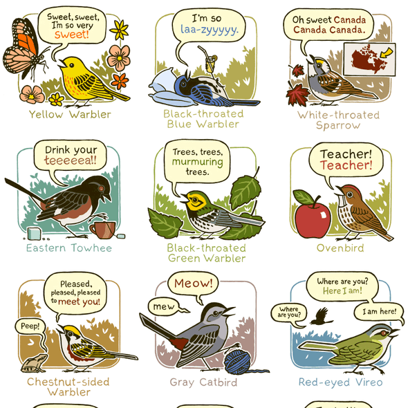 Bird Sound Mnemonics Print (Eastern) Art Bird and Moon