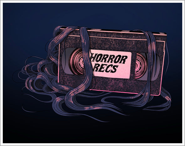 A black background that slowly morphs to navy blue at the top. In the middle is a VHS Tape with a white label that says "Horror Recs". wrapped over it and around it is gray film from the VHS that is torn and waving and you realize it is actually hair.