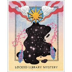 A variegated background of light blue at the top fading into a very light peach at the bottom. A Big sun is at the top, with a blue halo behind it extending to almost the tips of the rays. White and pink fabric, like scarves are billowing up away from the circle. Below it a black star studded blob in the vague shape of a body extends down the illustration. From the shoulder area pink veins extend and swirl down to two blue hands. The veins extend through the hands.