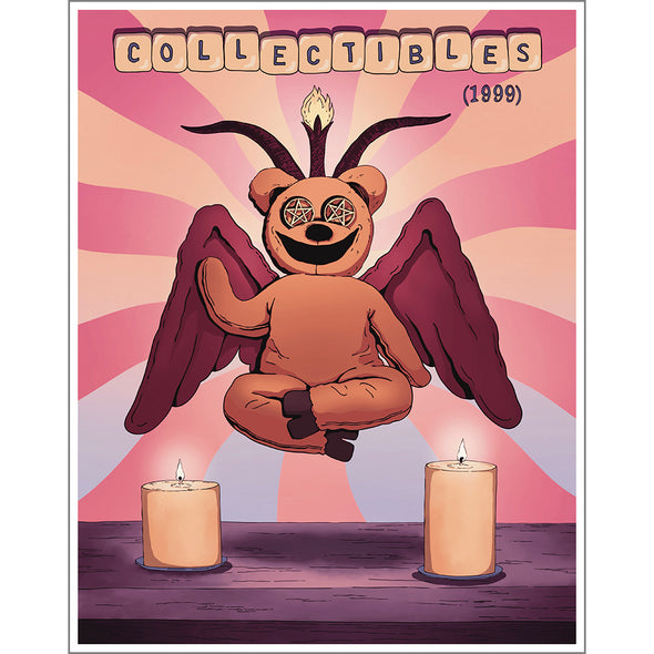 COLLECTIBLES (1999) title in little blocks, floating over a creepy, smiling, teddy bear that is also a Baphoemet with wings and horns and pentacles for eyes floating above two candles. Wicked creepy.