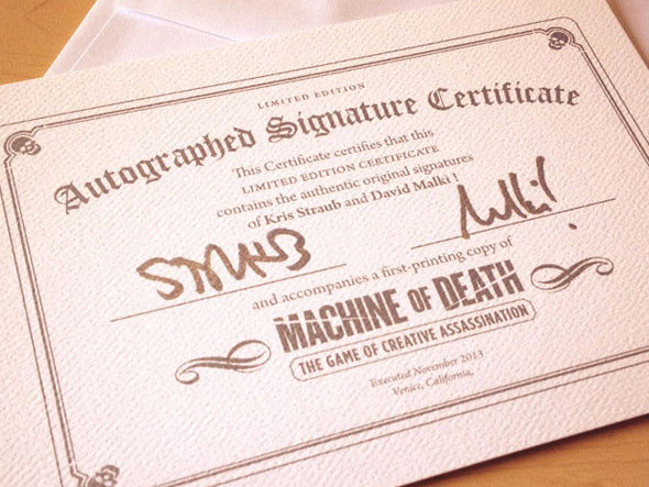 Machine of Death Game Signature Certificate Certificates MOD   