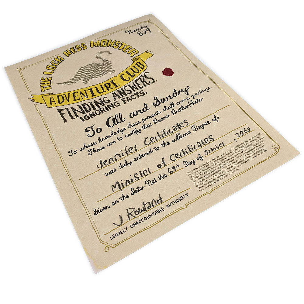 The Loch Ness Monster Adventure Club Certificate Certificates WIGU   